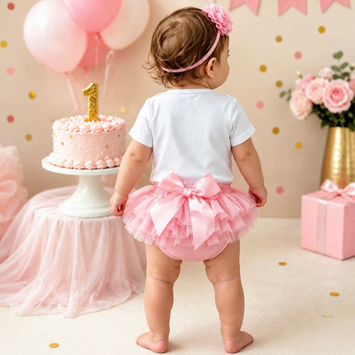 3Pcs Pink Princess 1st Birthday Outfit for Baby Girls - "Little Miss One" Print Bodysuit + Tulle Tutu Skirt + Flower Headband Ca