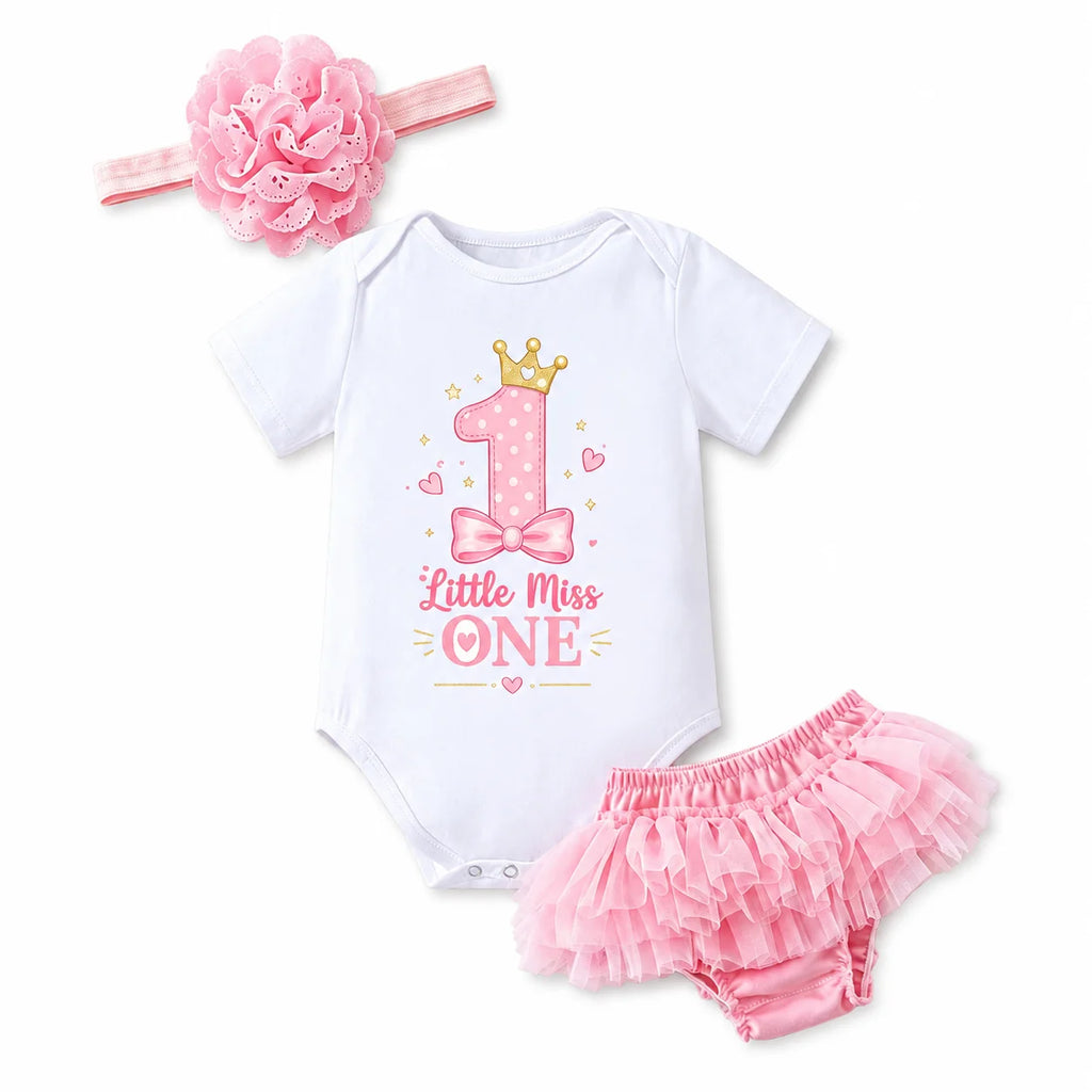 3Pcs Pink Princess 1st Birthday Outfit for Baby Girls - "Little Miss One" Print Bodysuit + Tulle Tutu Skirt + Flower Headband Ca