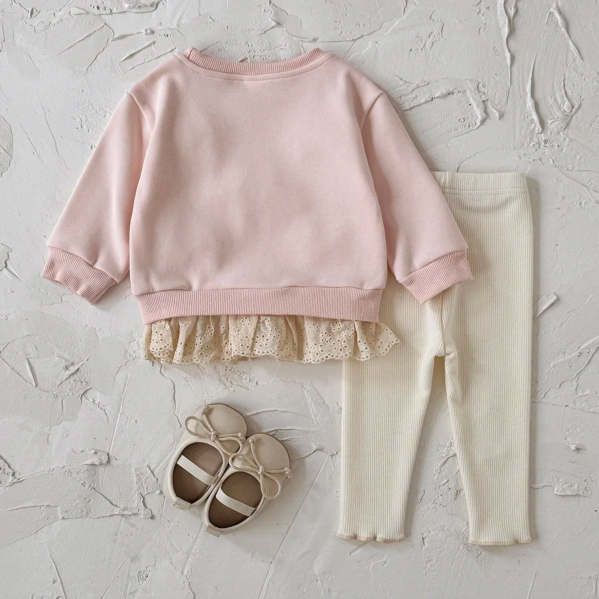 New Design Fashion Baby Girl Clothes Spring Fall 3D Bow Decoration Lace Hem Top+Casual Solid Color Pant Sets