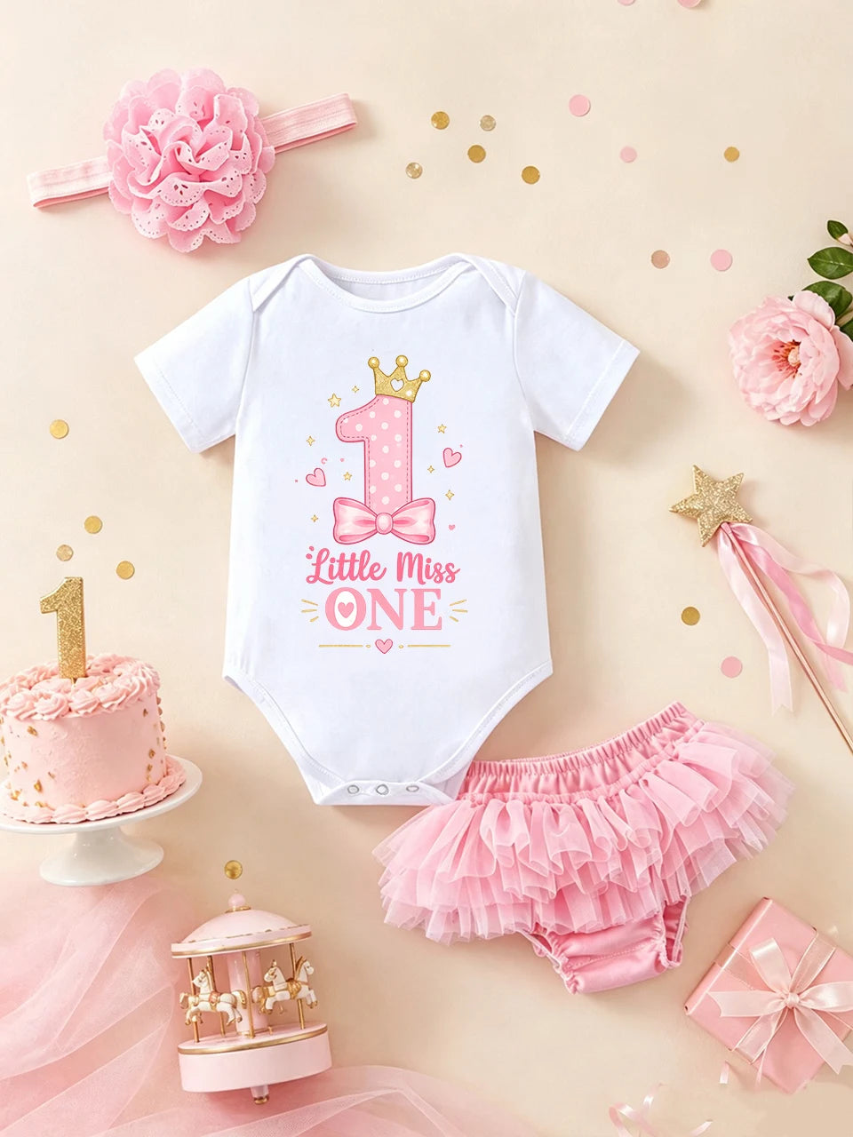3Pcs Pink Princess 1st Birthday Outfit for Baby Girls - "Little Miss One" Print Bodysuit + Tulle Tutu Skirt + Flower Headband Ca